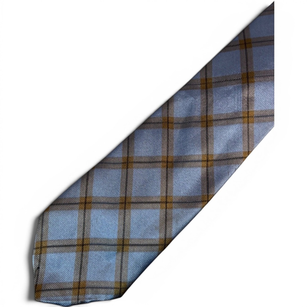 Sulka Silk Tie Mens Blue Gold Black Plaid Check Made in France Luxury Necktie